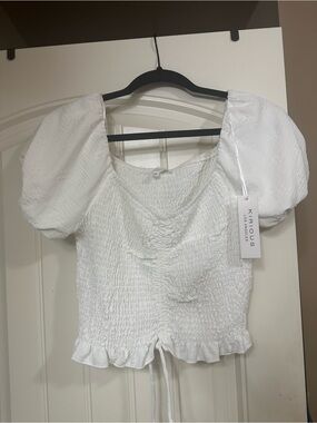 Kirious White Puff Sleeve Smocked Crop Top